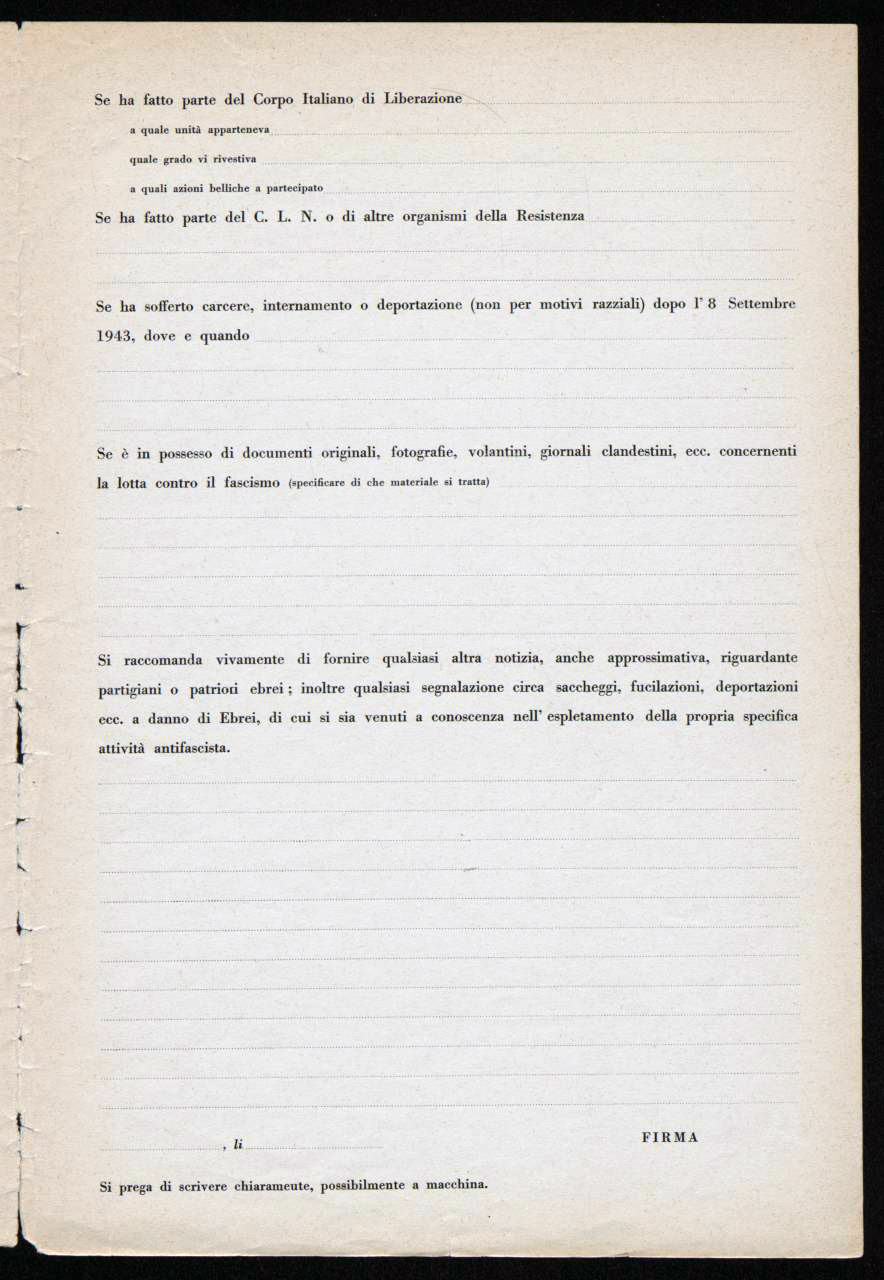 Questionario CDEC compilato da Matilde Bassani sul proprio contributo alla lotta di Liberazione, p. 2. Archivio Fondazione CDEC, Fondo Antifascisti e partigiani ebrei in Italia 1922-1945